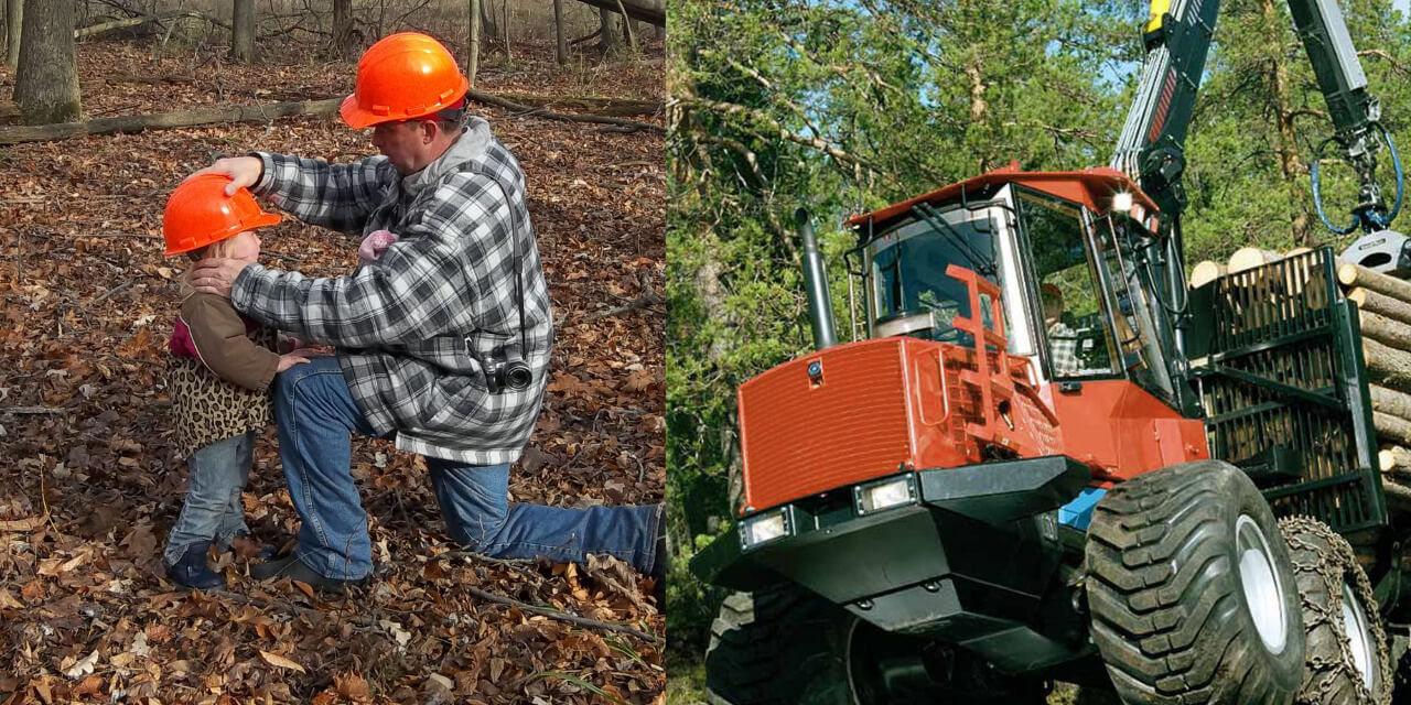 A forestry professional and a child in a forest setting next to an image of a heavy-duty timber forwarder machine.